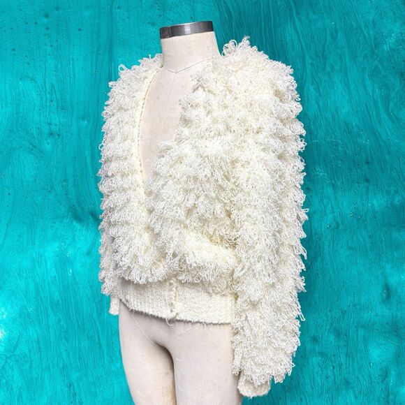 Vintage Womens Hand Crochet Cardigan Sweater M Boho Cream Fuzzy Knit Cottagecore - Picture 4 of 15